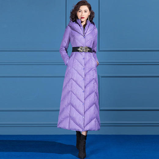 SSGS-S746紫色中长款收腰显瘦白鸭绒连帽冬季外套羽绒服 商品图0