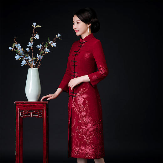 QQ-9808冬装麂皮绒毛领外套女喜婆婆夹棉加厚旗袍裙 商品图3