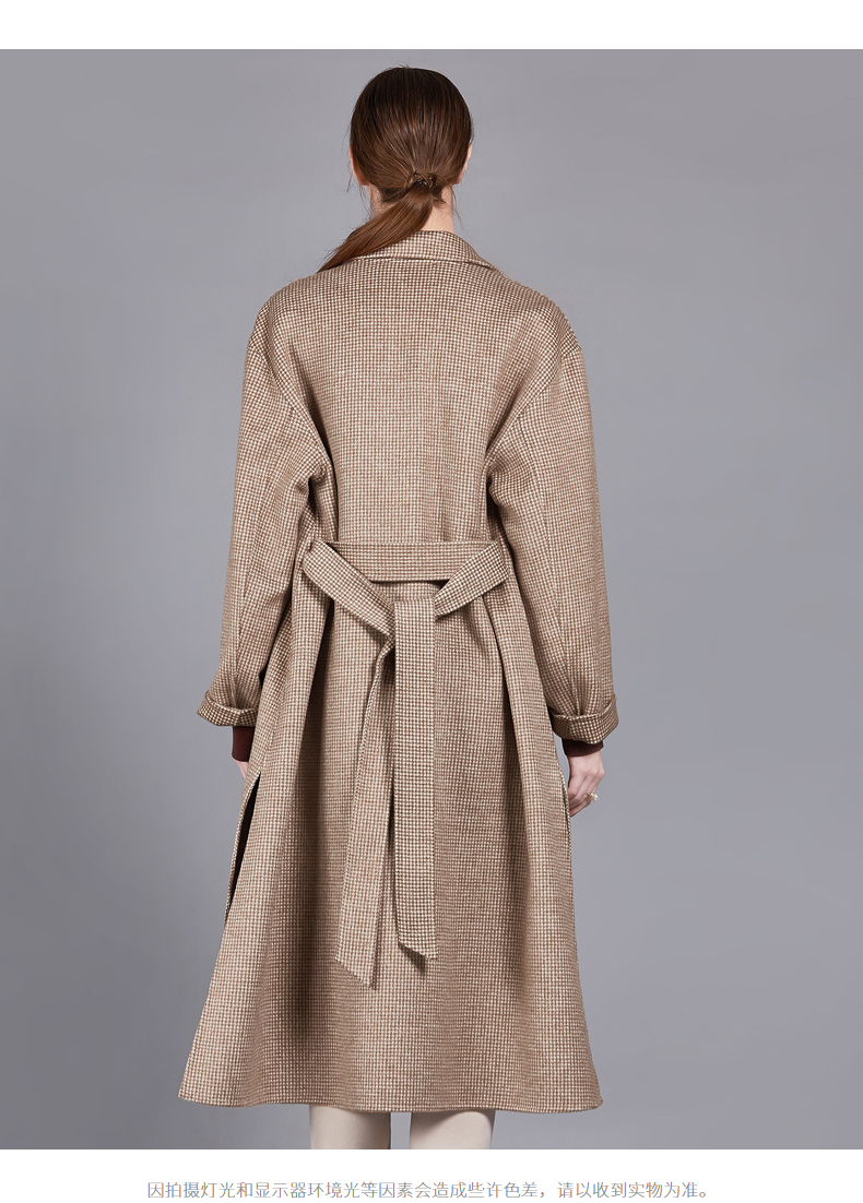 舒朗冬季新款时尚通勤卡其格纹双面毛呢大衣长款羊毛外套dsj4i01