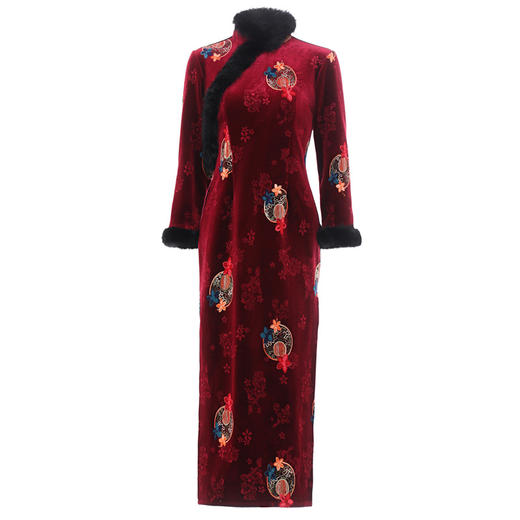 上海旗袍厂GX加厚长袖麂皮绒毛领绣花长款旗袍2020冬新款时尚改良女士大码旗袍 商品图4