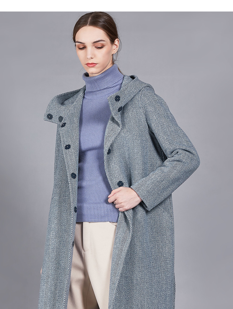 舒朗冬季新款时尚通勤连帽格纹双面毛呢大衣长款羊毛外套dsj4i02