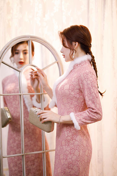 时尚改良，加厚兔毛领长袖旗袍XL-2343 商品图4