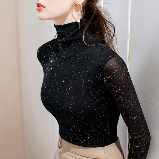 DY-AL30923高领打底衫女2020秋冬内搭加绒基本款长袖t恤弹力紧身网纱上衣 商品图4