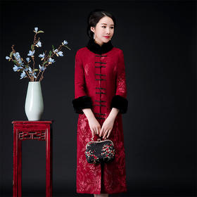 QQ-9808冬装麂皮绒毛领外套女喜婆婆夹棉加厚旗袍裙