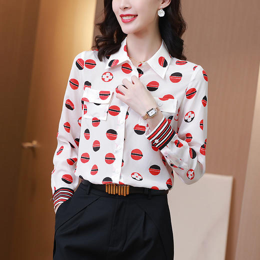 SS-09-20683卡通印花双口袋撞色时尚桑蚕丝上衣真丝衬衫 商品图0