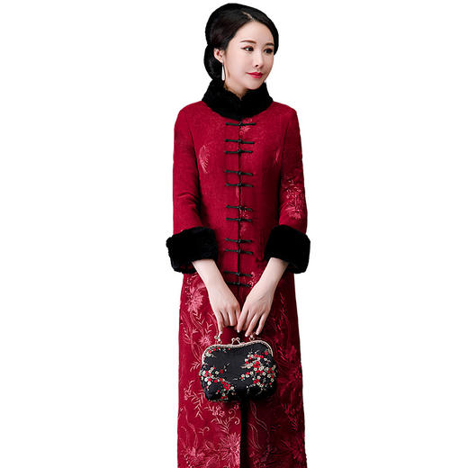 QQ-9808冬装麂皮绒毛领外套女喜婆婆夹棉加厚旗袍裙 商品图4