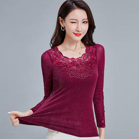 CZ-LC3316秋装新款蕾丝打底衫长袖闪光亮丝绣花小衫上衣纱衣T恤