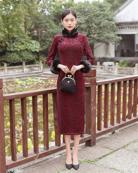 SYK-21286冬季新款复古立领加绒加厚七彩丝长款旗袍 商品图2