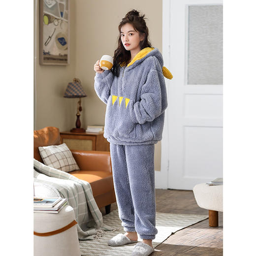可人儿冬季睡衣女秋冬美舒绒保暖加绒可爱珊瑚绒套装可外穿家居服 商品图4