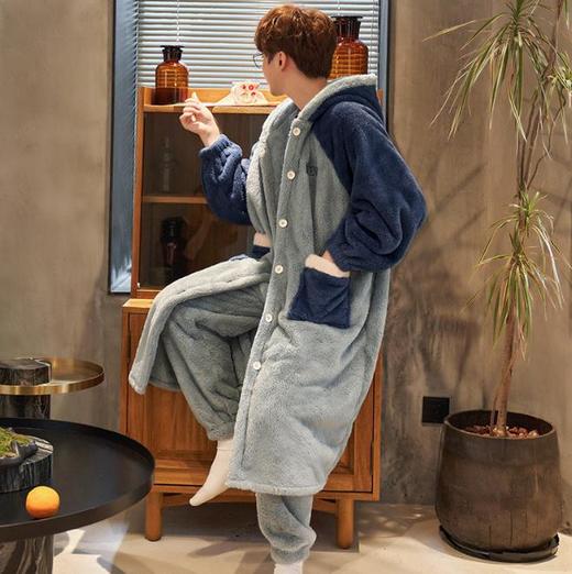 【睡衣男】*睡衣男睡袍长秋冬季加厚保暖法兰绒连帽浴袍家居服套装男士可外穿 商品图2