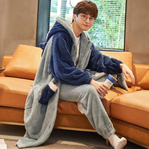 【睡衣男】*睡衣男睡袍长秋冬季加厚保暖法兰绒连帽浴袍家居服套装男士可外穿 商品图1