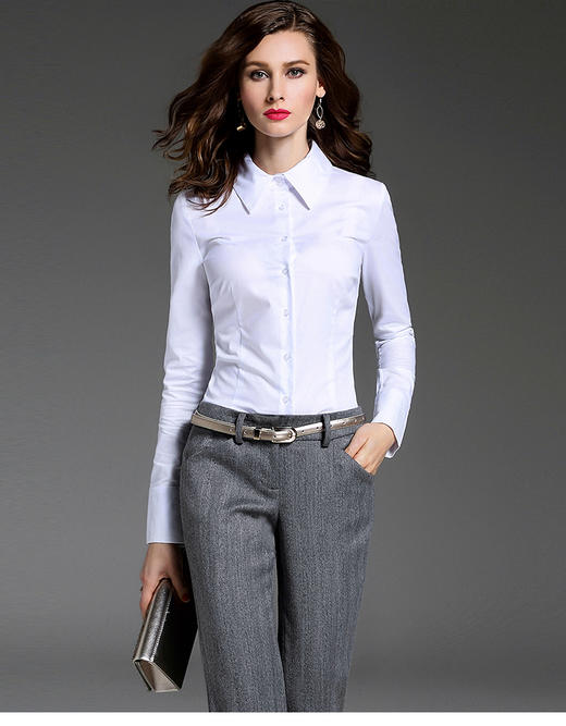 J6230001 颈袖添香春夏新款白色气质OL修身长袖职业装白衬衣 女 商品图0