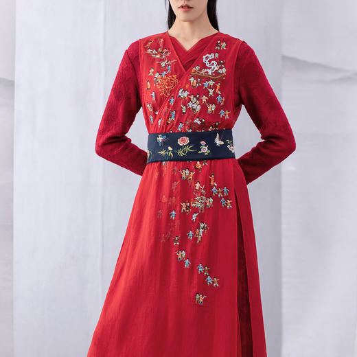 【林栖设计小店】酒红色汉服交襟V领拼真丝长袖连衣裙长裙 商品图2