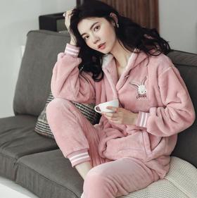 【睡衣女】*睡衣女秋冬季法兰绒套装 活泼可爱小兔子连帽女士家居服套装