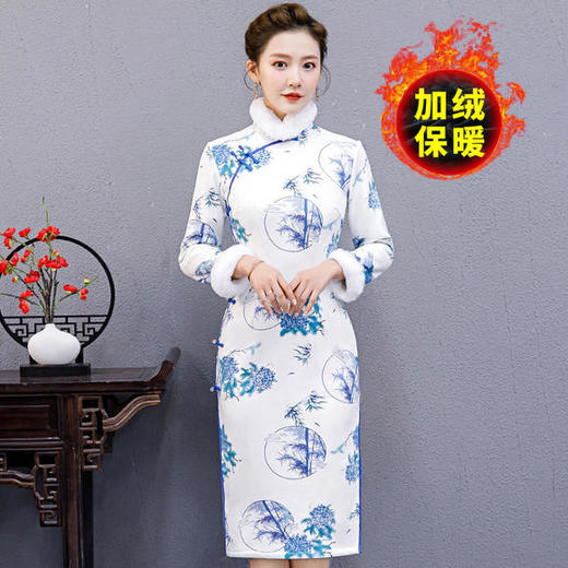 YCE-A273-2140优雅气质复古改良加棉印花旗袍裙 商品图3