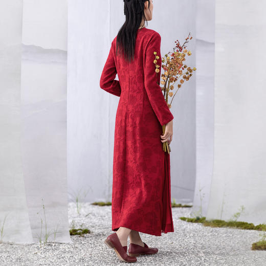 【林栖设计小店】酒红色汉服交襟V领拼真丝长袖连衣裙长裙 商品图1