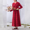 【林栖设计小店】酒红色汉服交襟V领拼真丝长袖连衣裙长裙 商品缩略图0