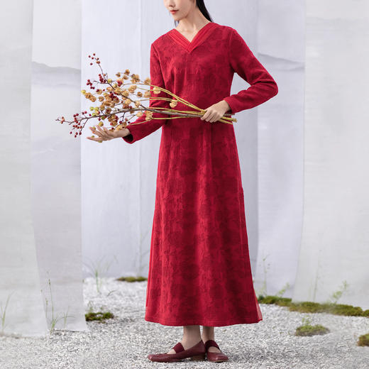 【林栖设计小店】酒红色汉服交襟V领拼真丝长袖连衣裙长裙 商品图0
