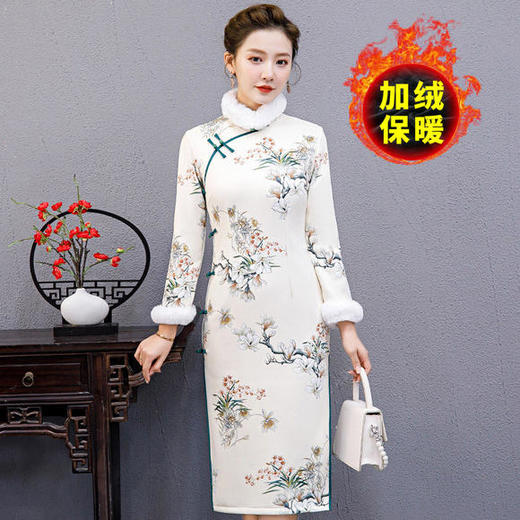 YCE-A273-2140优雅气质复古改良加棉印花旗袍裙 商品图4