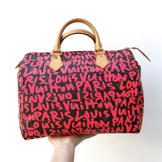 lv路易威登荧光芭比粉色涂鸦speedy30枕头包