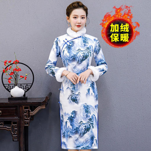 YCE-A273-2140优雅气质复古改良加棉印花旗袍裙 商品图1
