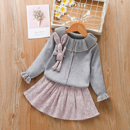 ALQ-2113女童针织两件套洋气小兔子中大童毛衣开衫+百褶裙套装 商品图2