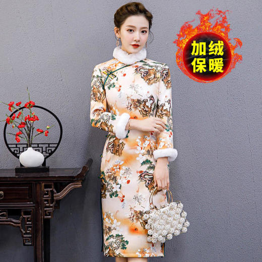 YCE-A273-2140优雅气质复古改良加棉印花旗袍裙 商品图0