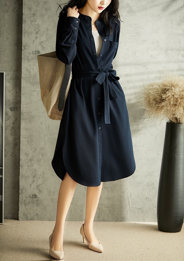 【都市魅力】小立领排扣系带羊毛混纺风衣裙
