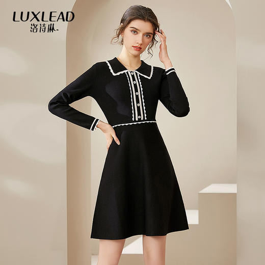 洛诗2020冬季新款小雏菊纽扣学院风花边领收腰修身A字针织连衣裙 商品图0