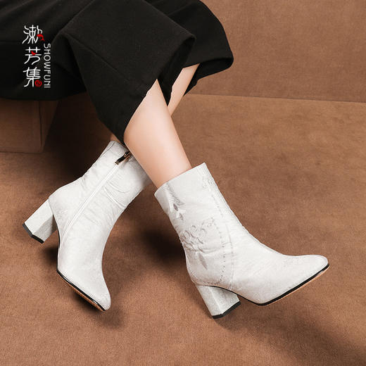 XY-388-2Y轻奢民族风马丁靴提花缎面短靴女粗跟百搭冬季加绒棉靴 商品图1
