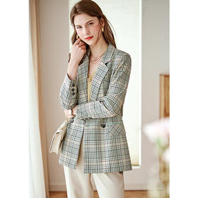 欧芮儿七分袖双排扣格子小西装外套女新款冬复古英伦风百搭
