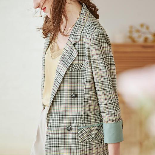 欧芮儿七分袖双排扣格子小西装外套女新款冬复古英伦风百搭 商品图2