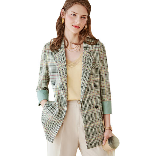 欧芮儿七分袖双排扣格子小西装外套女新款冬复古英伦风百搭 商品图3