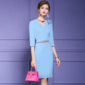 FMY-F20QL33184纯色连衣裙女七分袖V领气质优雅端庄修身职业裙