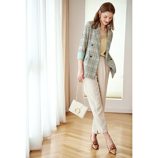 欧芮儿七分袖双排扣格子小西装外套女新款冬复古英伦风百搭 商品图1