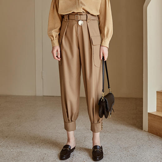 欧芮儿英伦风休闲裤女束脚新款设计感高腰九分直筒裤 商品图0