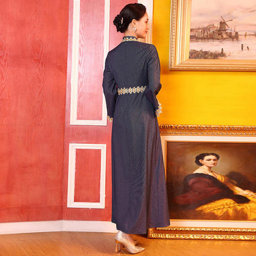 DLQ-A2758新款高端名媛气质修身立领钉珠花边长款礼服裙 商品图2