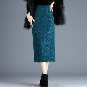 TY-8632秋冬植绒蕾丝裙半身裙女2020新款高腰修身包臀裙中长款开叉一步裙