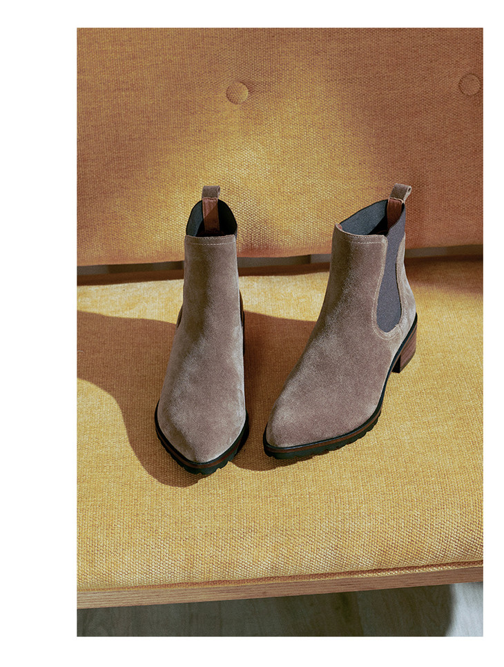 wayne flex新款鹿皮切尔西短靴女平底英伦风牛皮反绒靴粗跟6144