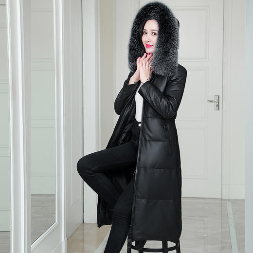 FS-HQ1971海宁冬季真皮狐狸毛领连帽羽绒服女绵羊皮长款韩版皮羽绒外套 商品图1