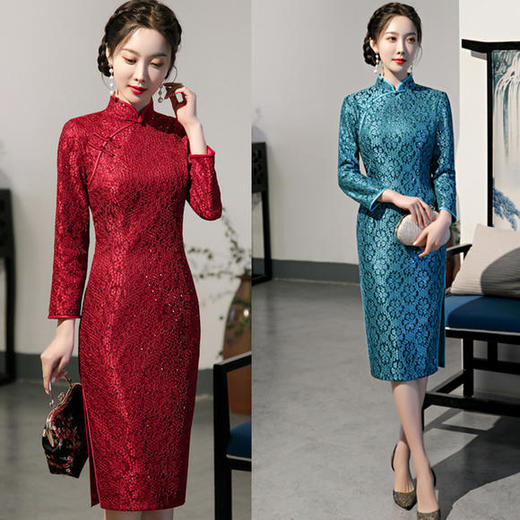 SYK-281042冬季新款复古改良复合蕾丝中长款旗袍 商品图0