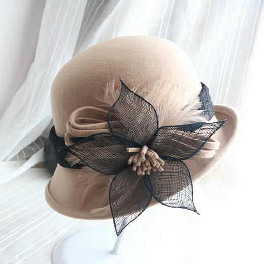 BL-韩国秋冬新版羊毛呢礼帽麻纱羽毛花朵卷边盆帽女士优雅遮阳时装帽 商品图0