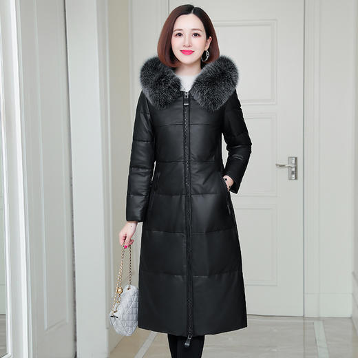 FS-HQ1971海宁冬季真皮狐狸毛领连帽羽绒服女绵羊皮长款韩版皮羽绒外套 商品图3
