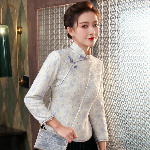 XGT-T2443冬季新款改良复合毛呢古典绣花修身唐装旗袍上衣 商品图0