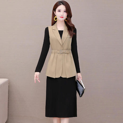 YW-YJY-Q8856时尚修身气质减龄马甲外套长袖连衣裙两件套 商品图0