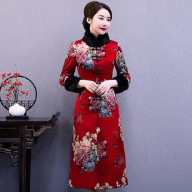 WXG-真丝风衣女中长款唐装夹棉旗袍长袖兔毛