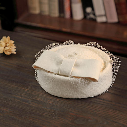 AR-TS005韩版空姐英伦小香风格蝴蝶结网纱蕾丝羊毛呢帽子小礼帽 商品图4