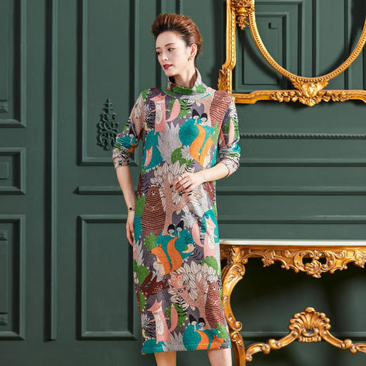 宽松针织，套头中长款纯羊毛印花连衣裙WY-L7101 商品图0