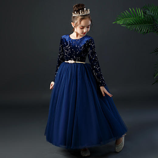 YZF-X0018儿童长款礼服裙加绒长袖公主裙长裙女童钢琴表演出服中大童装 商品图1