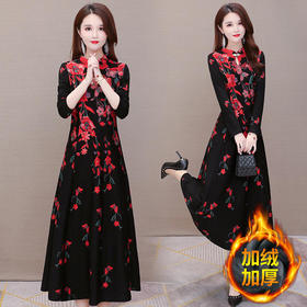 YWE-XH-JKL237新款优雅气质修身立领长袖中长款加绒加厚印花连衣裙TZF